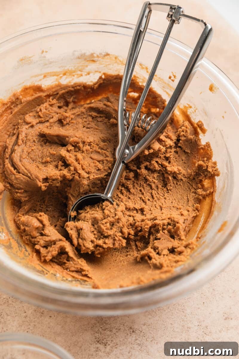 Chewy Ginger Cream Cookie Recipe for Perfect Holiday Baking 7 Cookie scoop in chilled ginger cookie dough in bowl.