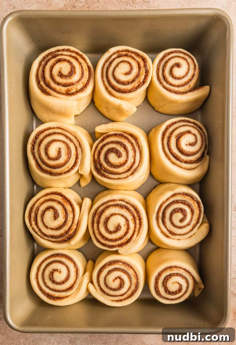 Fluffy Buttermilk Cinnamon Rolls from Scratch 15 Cinnamon rolls in baking pan before being baked.