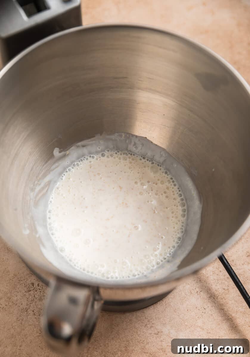 Fluffy Buttermilk Cinnamon Rolls from Scratch 4 Buttermilk and instant yeast in bowl of standing electric mixer.