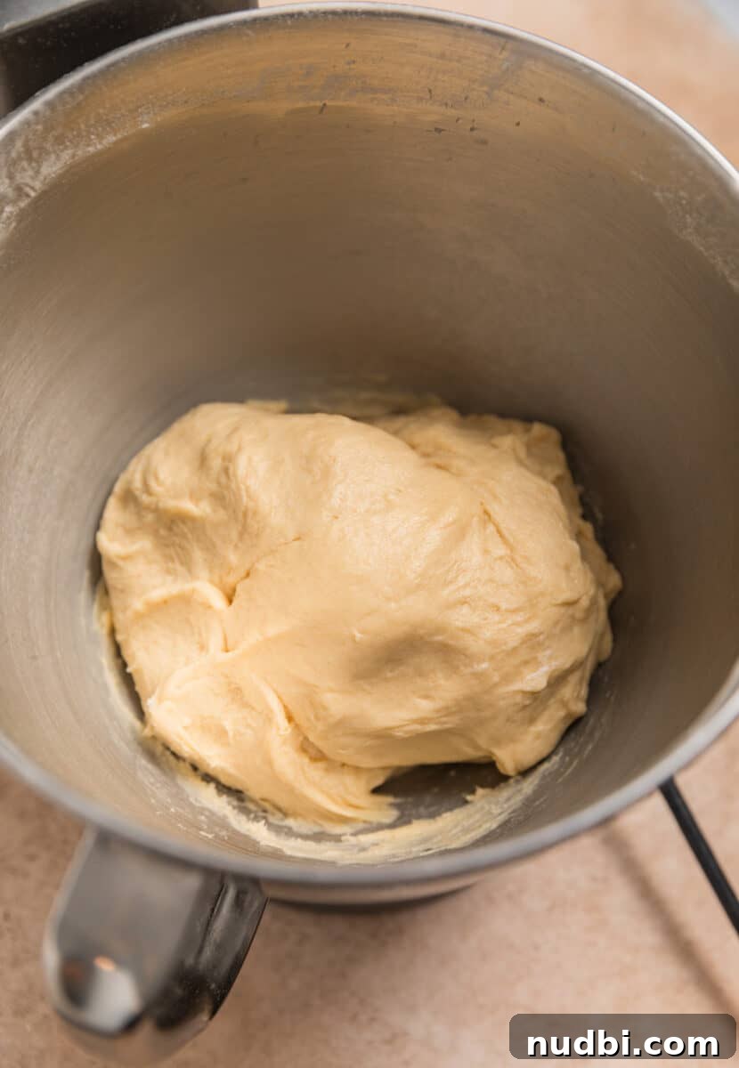 Fluffy Buttermilk Cinnamon Rolls from Scratch 8 Cinnamon roll dough in mixer bowl after being kneaded.
