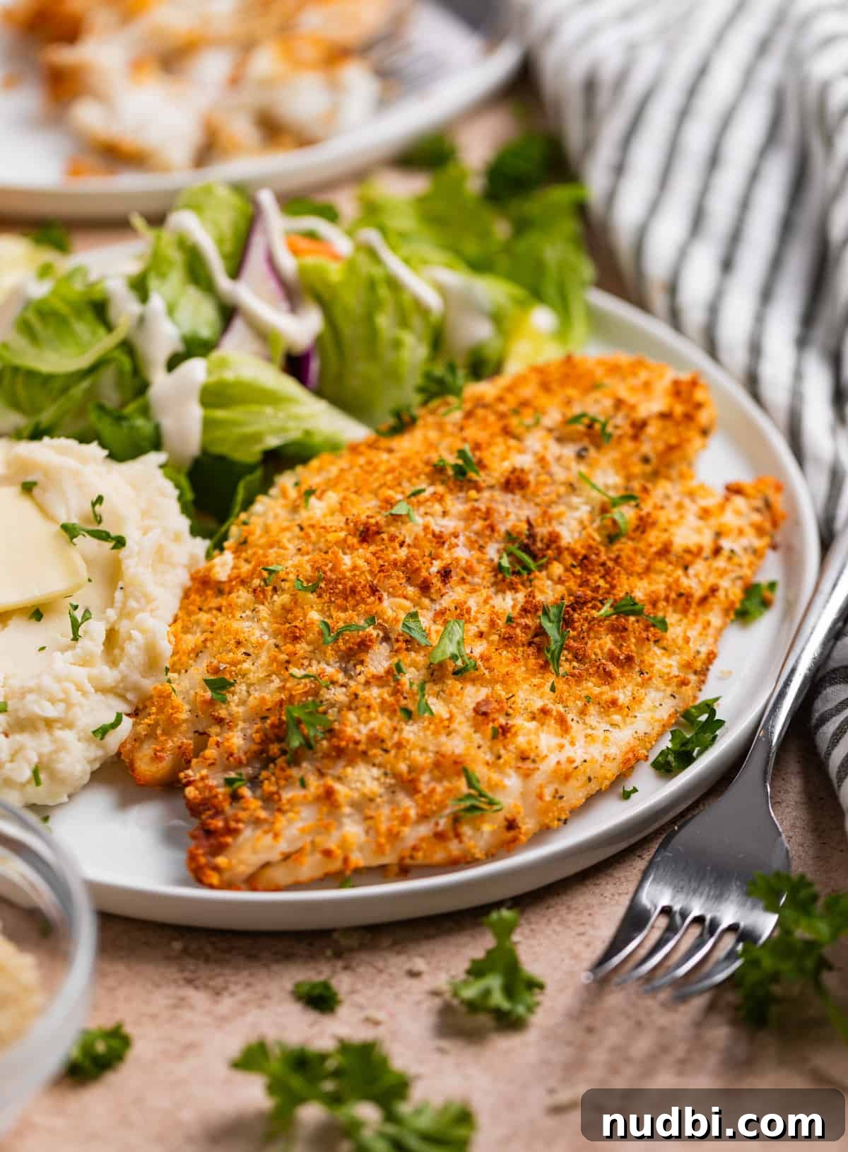 Crispy Parmesan-Crusted Tilapia in the Air Fryer 2 Air fryer parmesan crusted tilapia topped with chopped parsley on plate with salad and mashed potatoes.