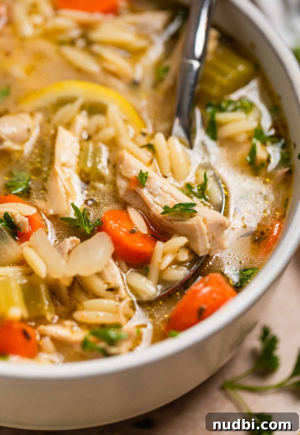 Lemony Chicken Orzo Soup Recipe for Comforting Weeknights 8 Spoonful of lemon chicken and orzo soup.