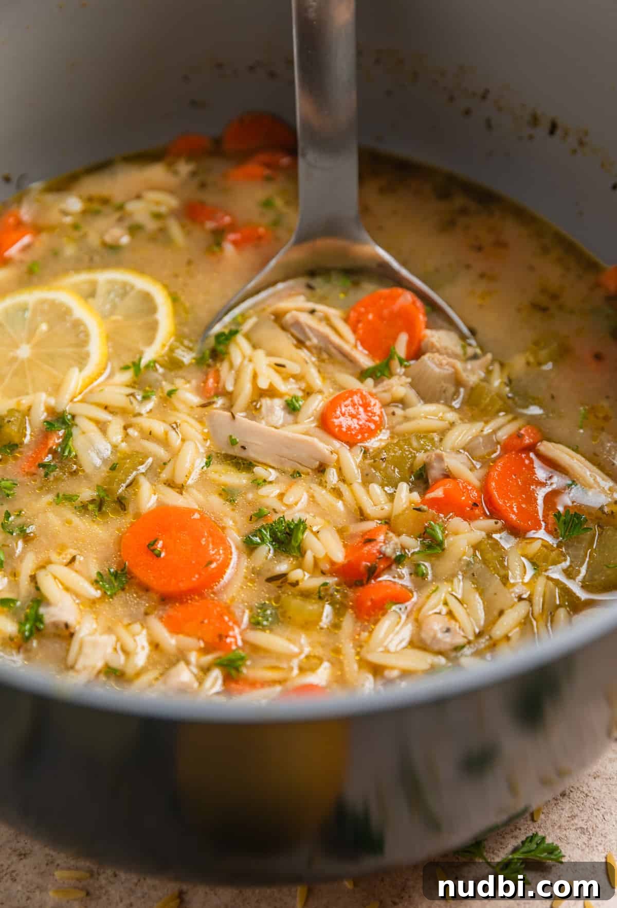 Lemony Chicken Orzo Soup Recipe for Comforting Weeknights 9 Lemon orzo soup with chicken in pot scooped up with ladle.