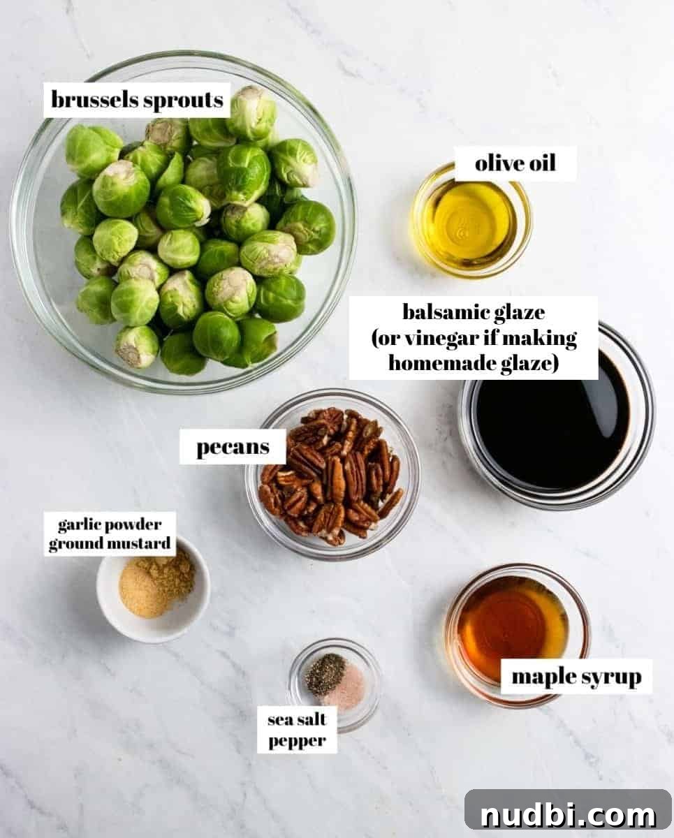 Maple Balsamic Roasted Brussels Sprouts Recipe 3 Brussels sprouts, maple syrup, olive oil and other ingredients labeled on counter.