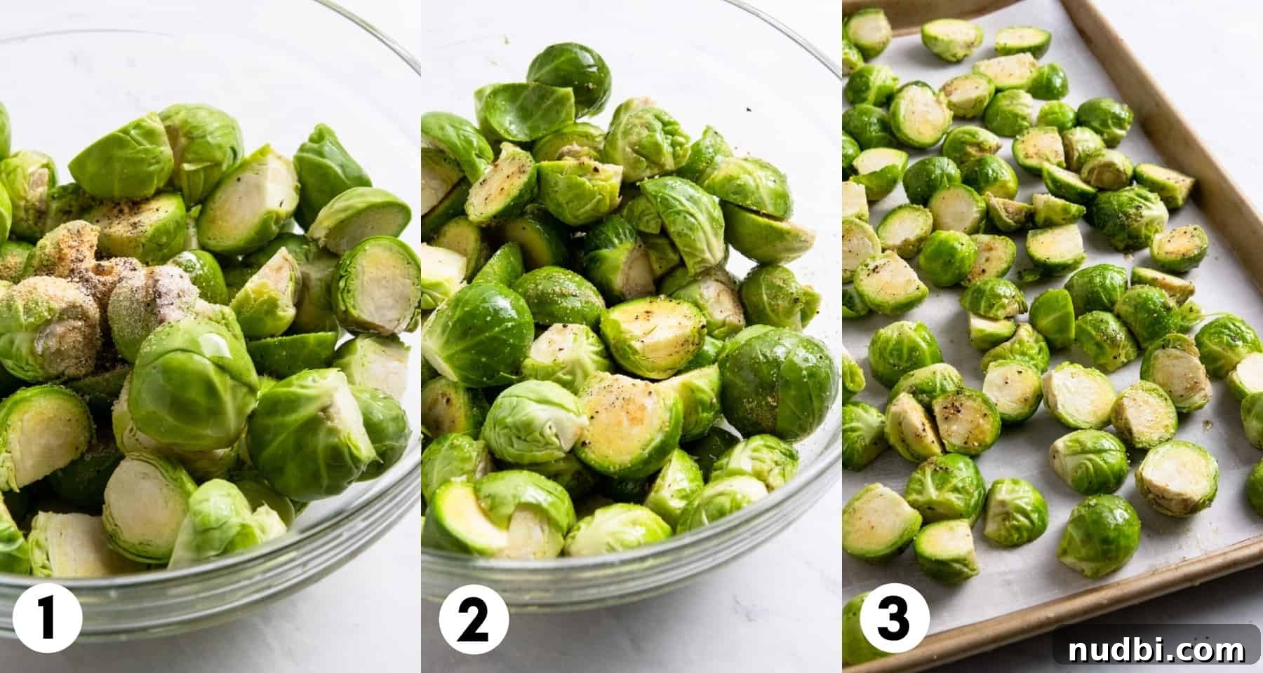 Maple Balsamic Roasted Brussels Sprouts Recipe 4 Brussels sprouts with seasoning in bowl and then on pan.