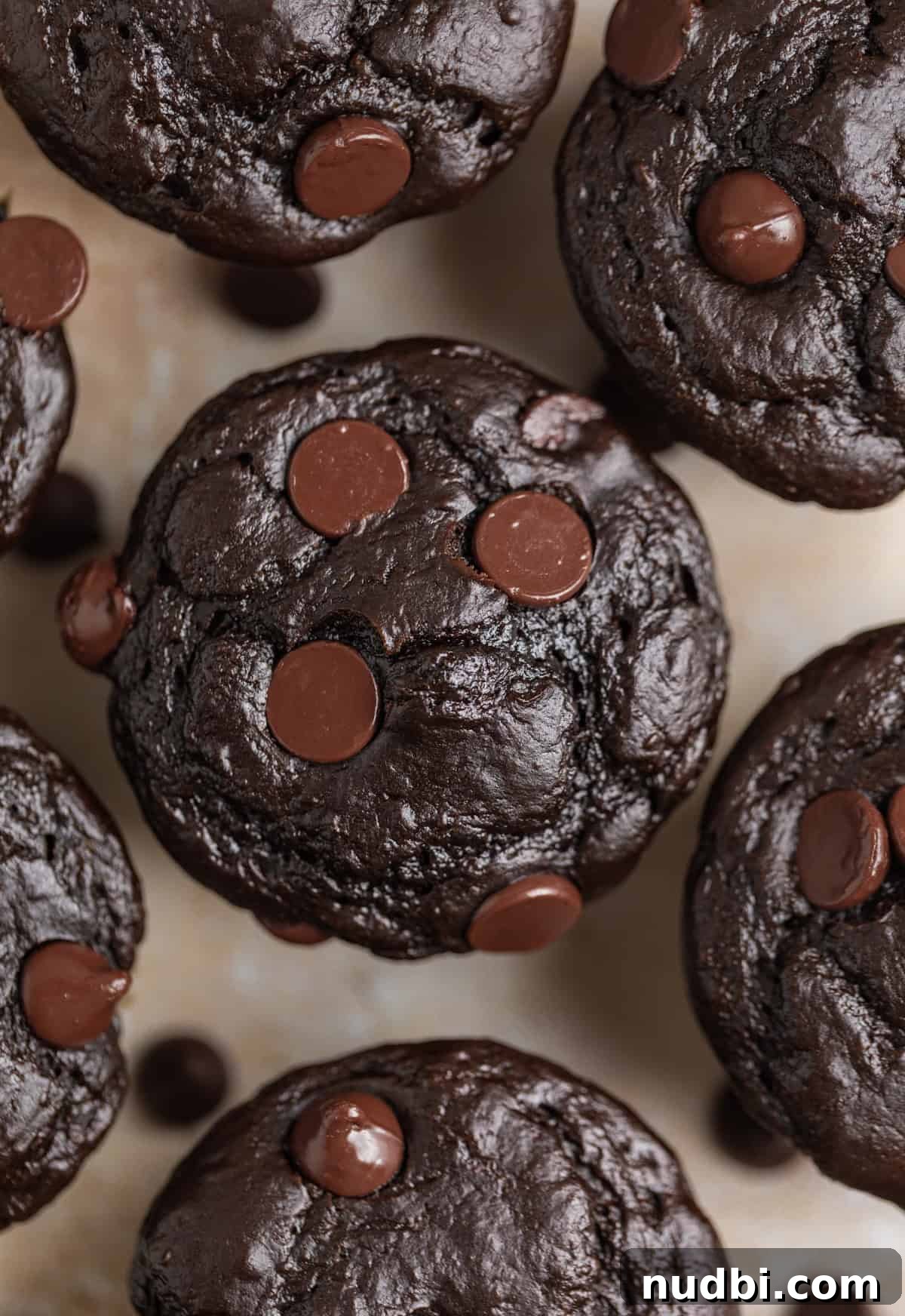 Overhead view of chocolate spinach muffins with chocolate chips on top on surface.