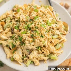Curry chicken salad on plate with spoon.