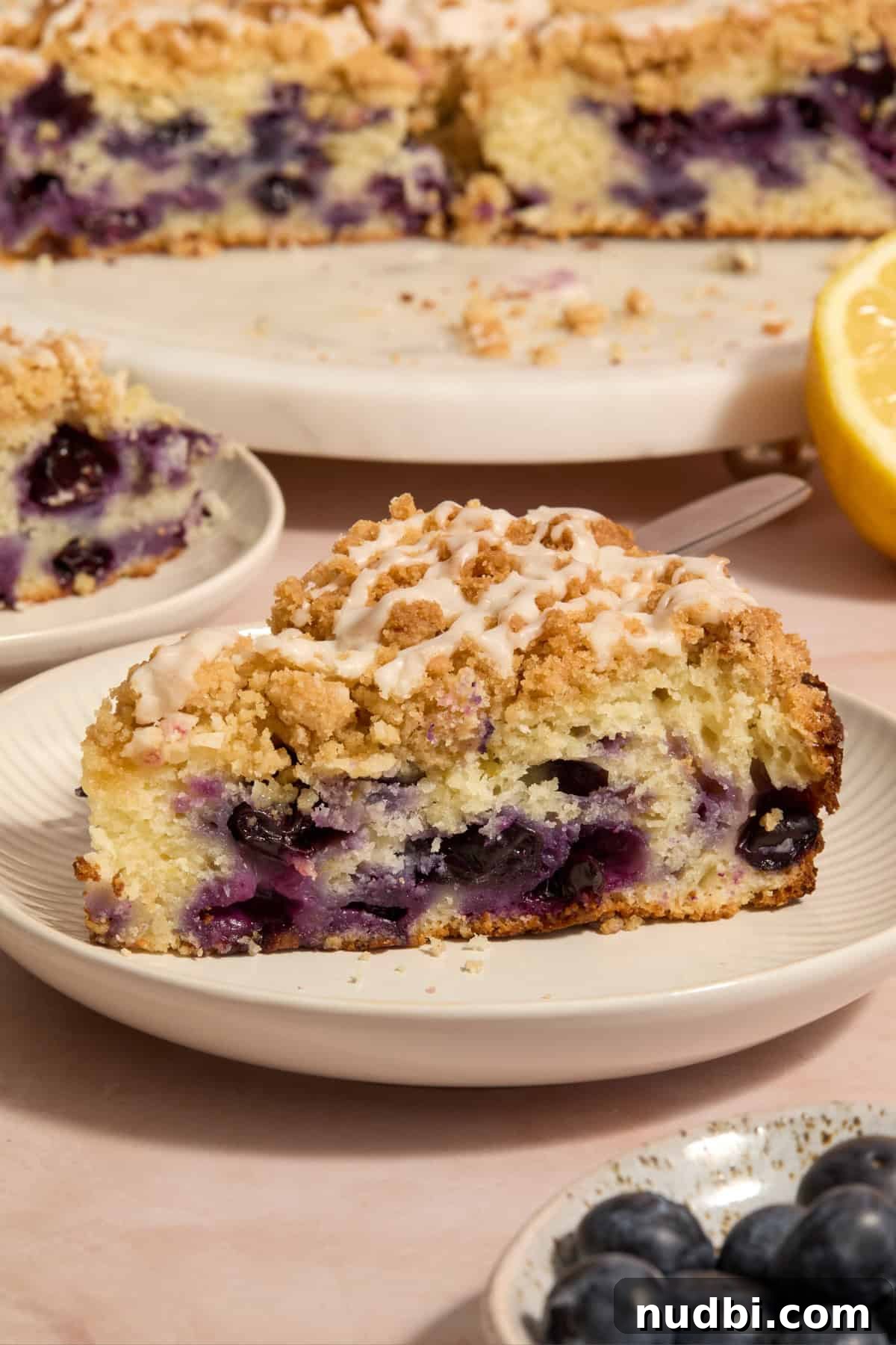 Blueberry Lemon Coffee Cake Recipe — Moist Citrus Bundt Cake 2 Slice of blueberry lemon coffee cake on plate.