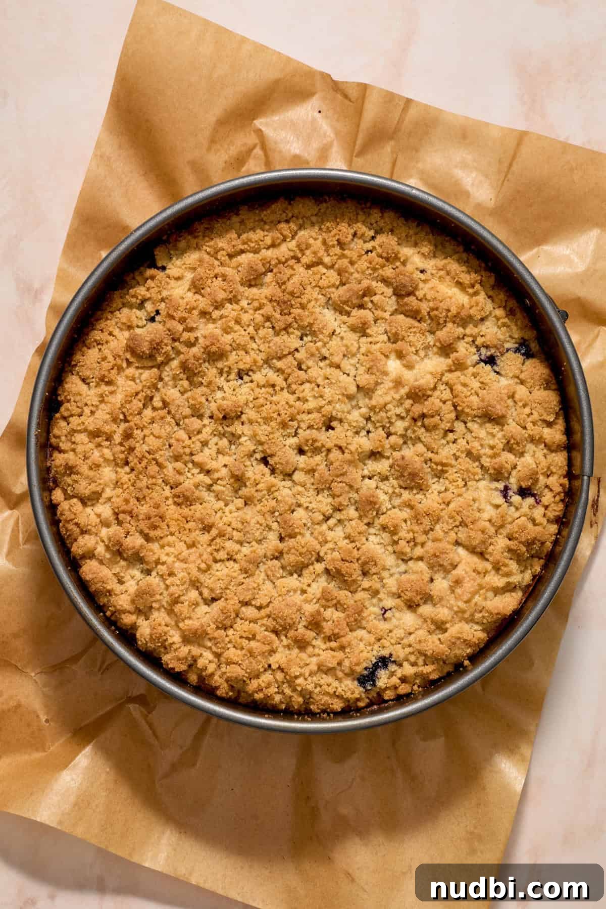 Blueberry Lemon Coffee Cake Recipe — Moist Citrus Bundt Cake 14 Baked blueberry lemon coffee cake before being iced.