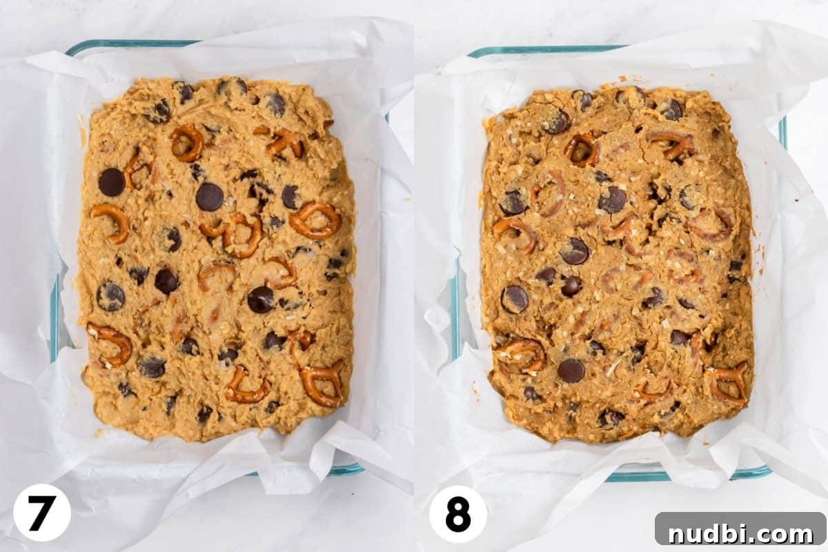 Peanut Butter Chickpea Blondies Recipe — High-Protein Treat 4 Peanut butter flourless chickpea blondies batter in parchment lined pan before and after baking.