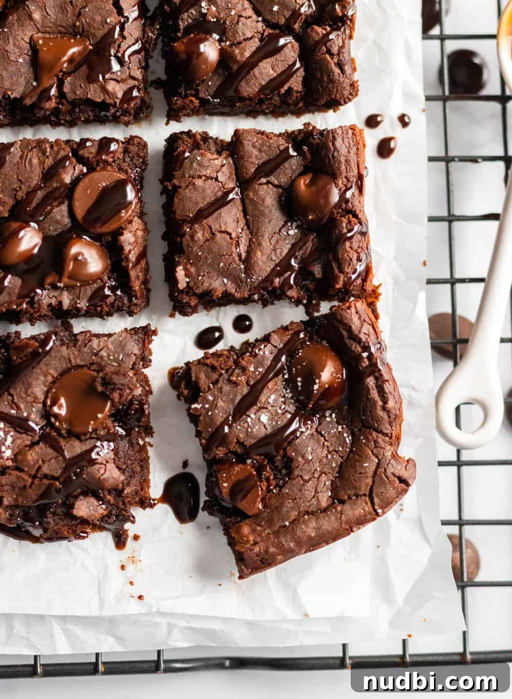 Double Chocolate Brownies Made with White Beans 2 Overhead shot of brownies with sea salt and drizzle.