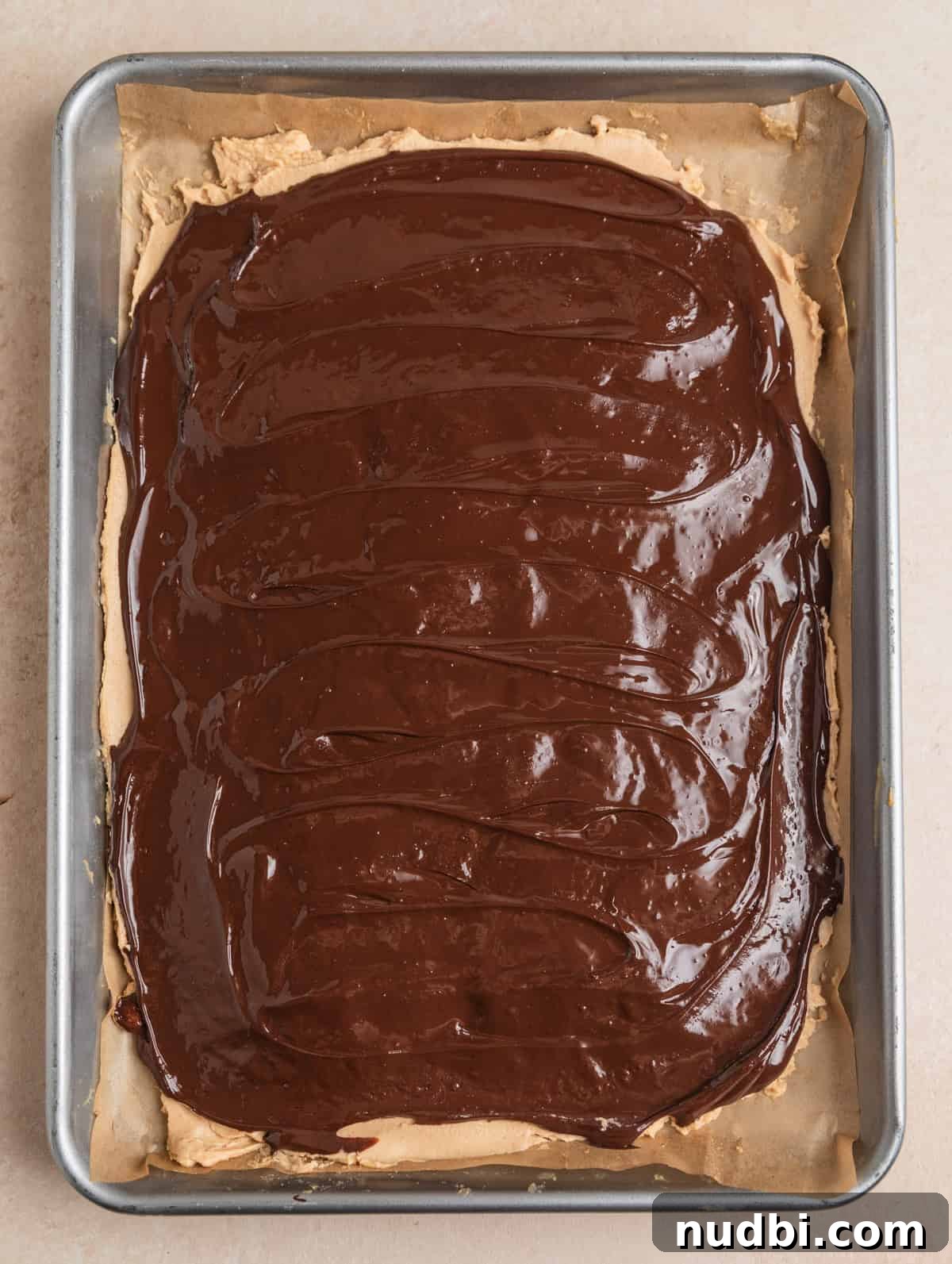 Creamy Greek Yogurt Bark Recipe with Fruit and Honey Toppings 7 Melted dark chocolate spread over top of peanut butter yogurt bark layer.