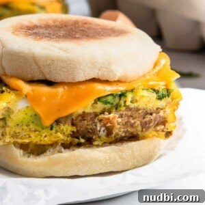 Sausage spinach egg mcmuffin sandwich.