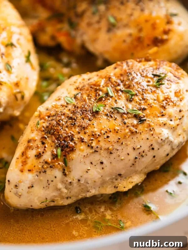 Creamy Skillet Lemon Chicken Recipe for Quick Weeknight Meals 13 Seared chicken breast in skillet in buttery white wine sauce.