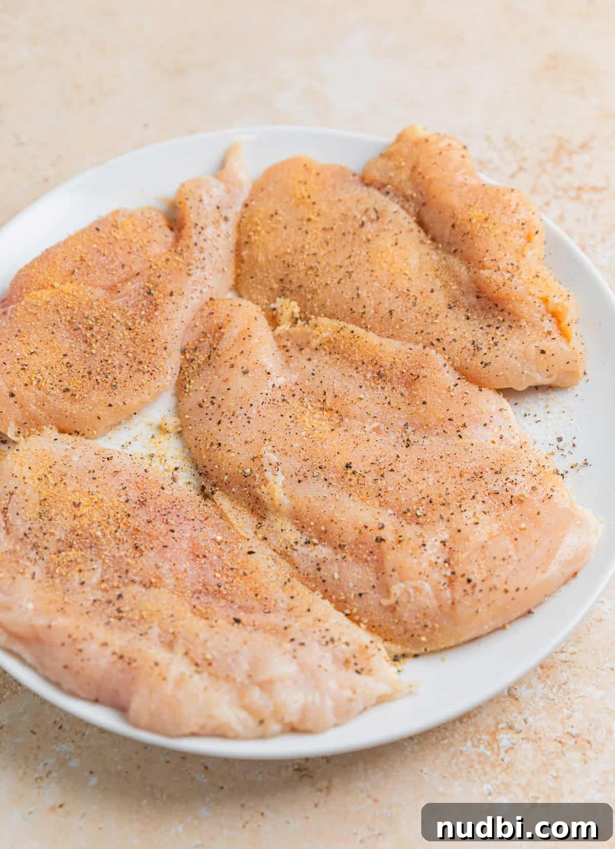 Creamy Skillet Lemon Chicken Recipe for Quick Weeknight Meals 3 Seasoned thin chicken breasts on white plate before cooking.