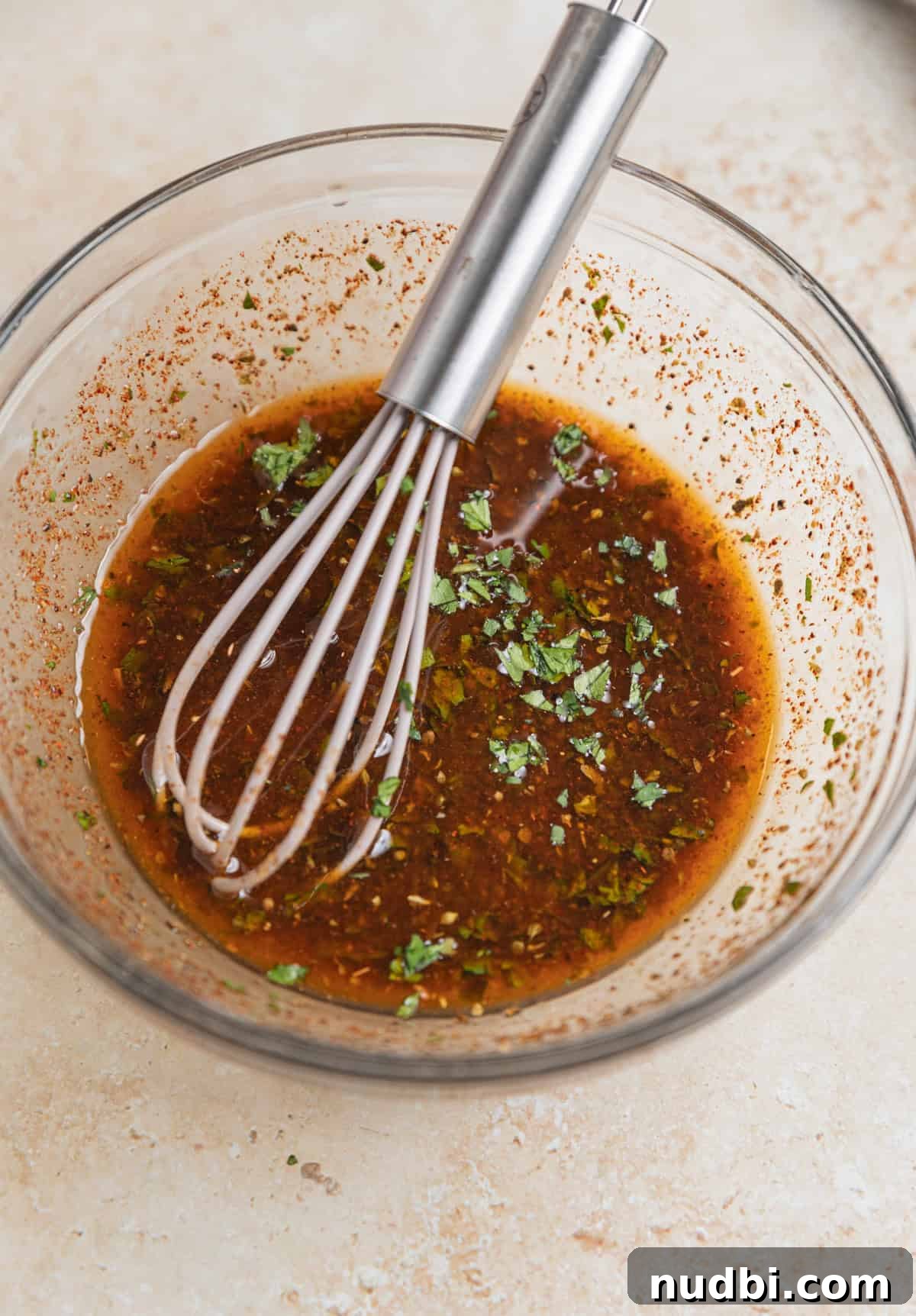 Cilantro-Lime Flat Iron Steak Fajitas Recipe 4 Cilantro lime marinade in bowl with whisk.