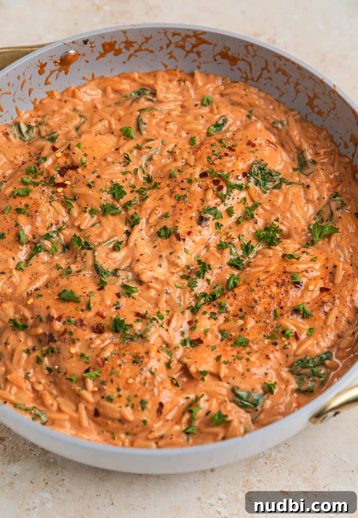 Creamy Chicken Orzo Skillet with Garlic and Parmesan 8 Skillet with creamy orz and chicken topped with chopped parsley.