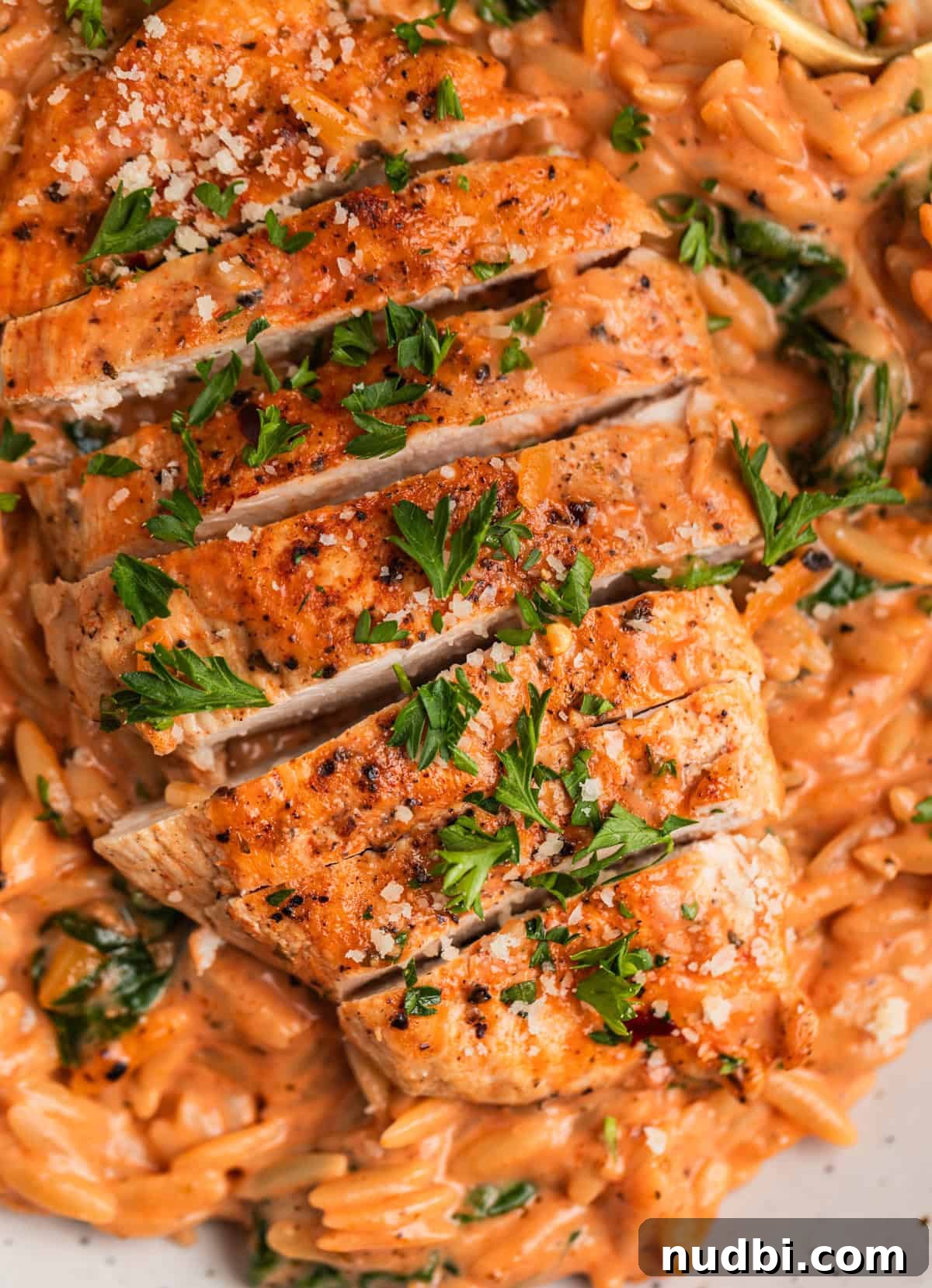 Creamy Chicken Orzo Skillet with Garlic and Parmesan 9 Sliced chicken breast laying on a bed of pasta with chopped parsley.