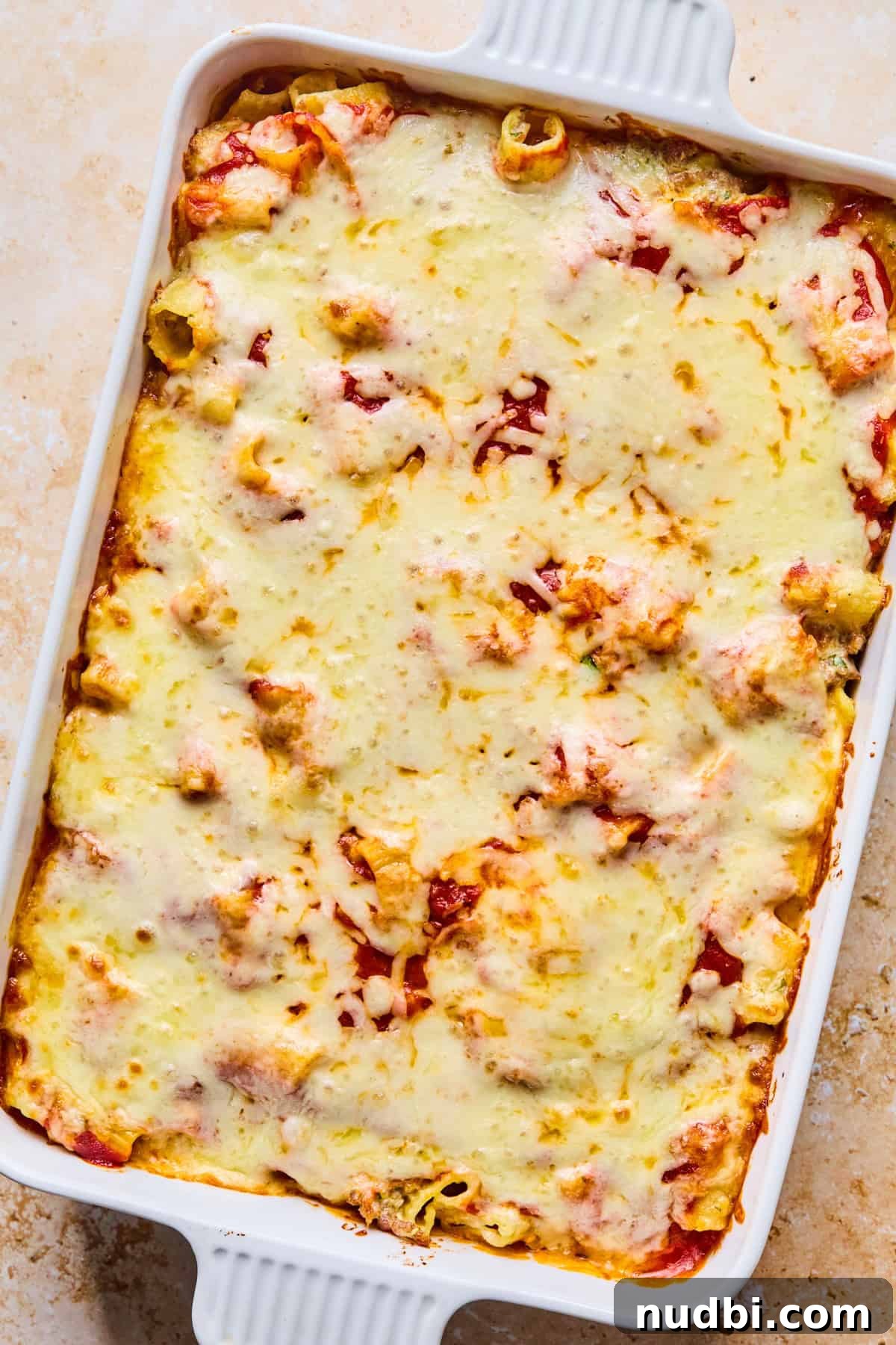 Cheesy Italian Sausage Pasta Bake with Roasted Tomatoes 14 Baking pan with pasta bake cooked.