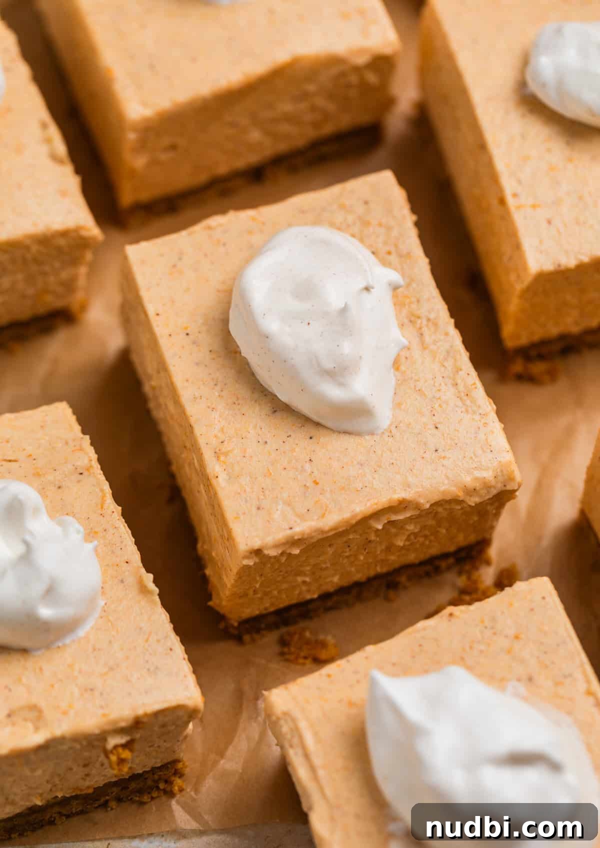 No-Bake Pumpkin Cheesecake Bars Recipe — Creamy Autumn Dessert 2 No bake pumpkin cheesecake bars on parchment topped with a dollop of whipped cream.