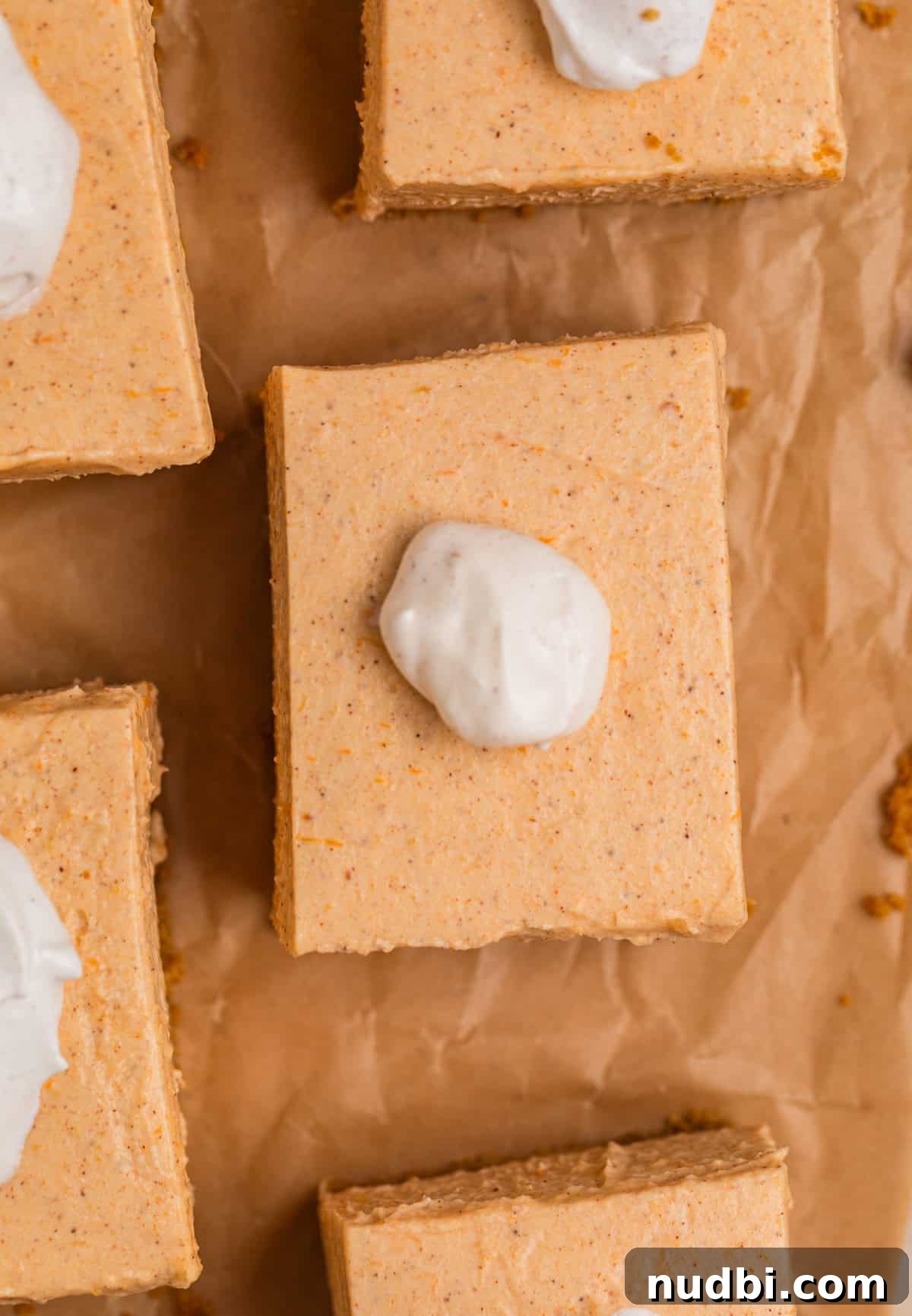 No-Bake Pumpkin Cheesecake Bars Recipe — Creamy Autumn Dessert 3 Overhead view of slices of pumpkin cheesecake topped with whipped cream.