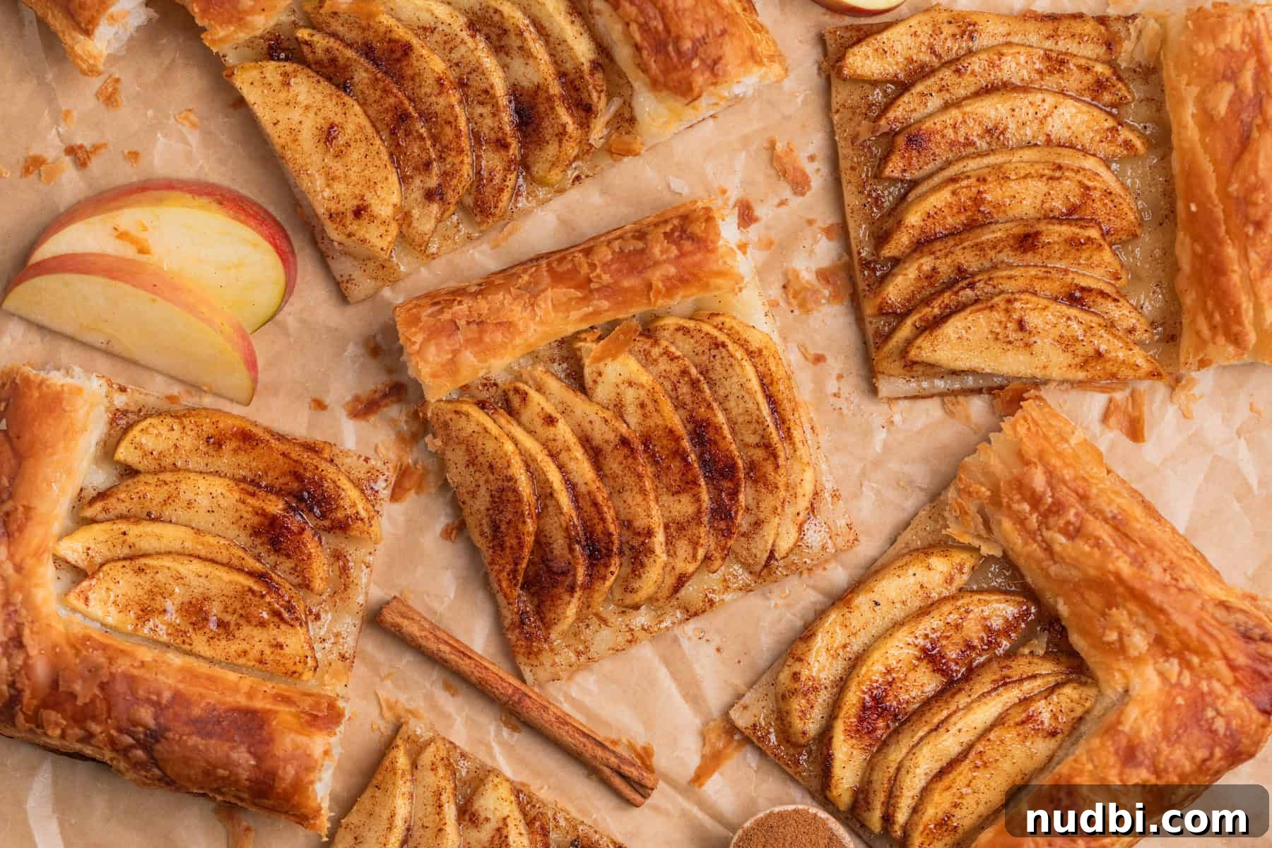 Crisp Puff Pastry Apple Tart Recipe for Homemade Dessert 3 Puff pastry apple tarts arranged on parchment with apple slices and cinnamon sticks.