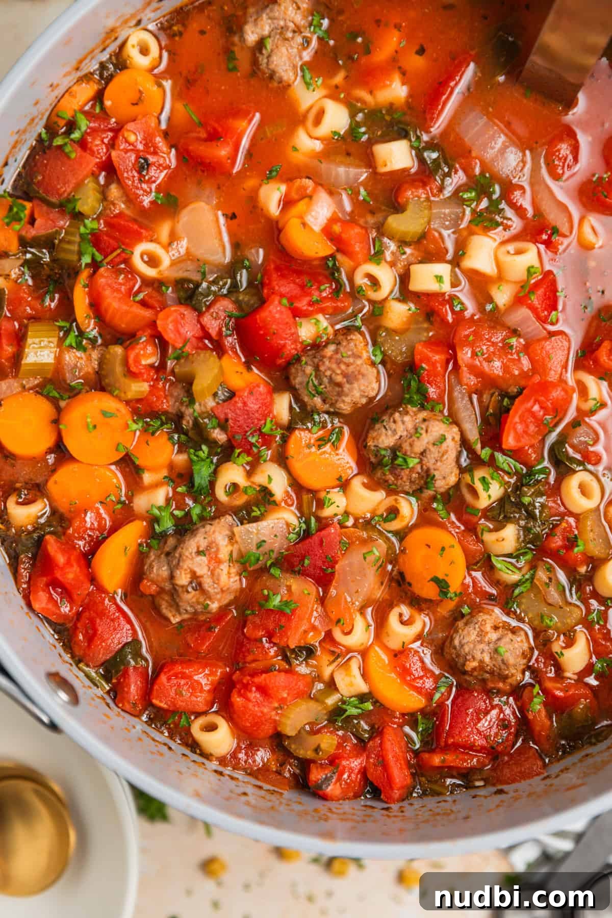 Hearty Vegetable and Meatball Soup Recipe for Cozy Meals 2 Pot of meatball soup with vegetables, pasta and topped with chopped parsley.