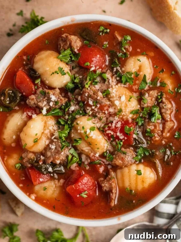 Hearty Vegetable and Meatball Soup Recipe for Cozy Meals 9 Italian sausage and gnocchi soup in bowl topped with herbs and parmesan.