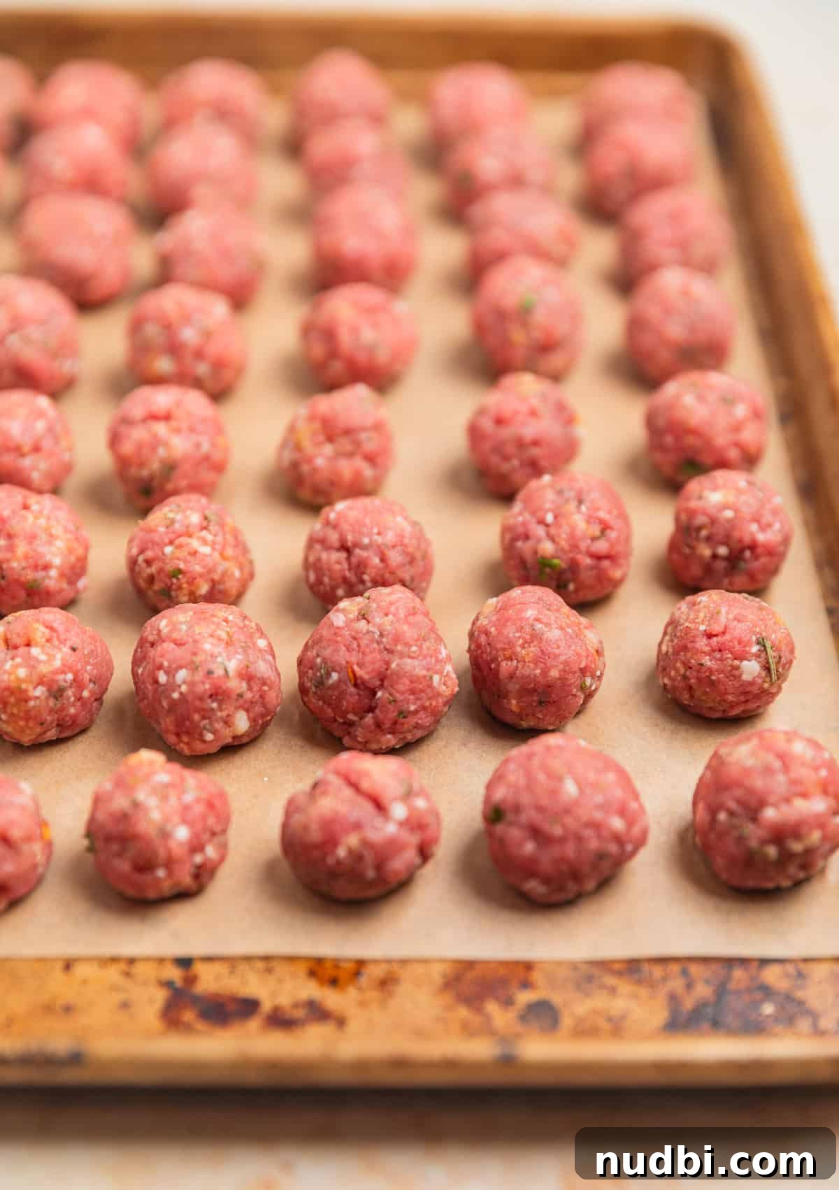 Hearty Vegetable and Meatball Soup Recipe for Cozy Meals 5 Meatballs rolled and arranged on parchment lined pan before being cooked.