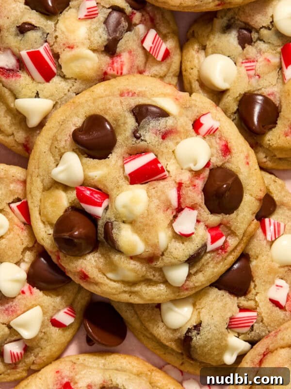 Nutella Thumbprint Cookies Recipe — Gooey Chocolate Hazelnut Treats 15 Peppermint chocolate chip cookies with white and dark chocolate chips and candy canes arranged on plate.