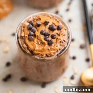 Chocolate Peanut Butter Overnight Oats Recipe for Creamy Breakfast 5 Chocolate chip and peanut butter topped chocolate overnight oats in glass with spoon beside it.