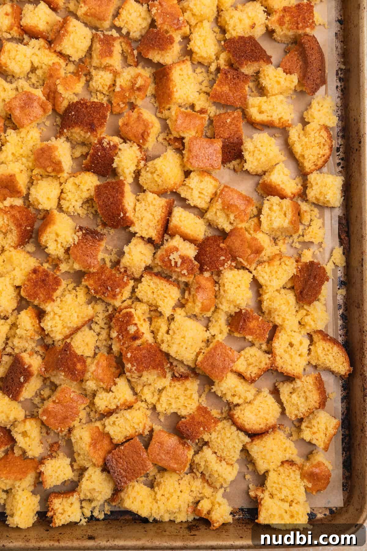 Savory Beef and Cornbread Stuffing Recipe for Holiday Dinners 4 Cubed cornbread on parchment lined cookie sheet.