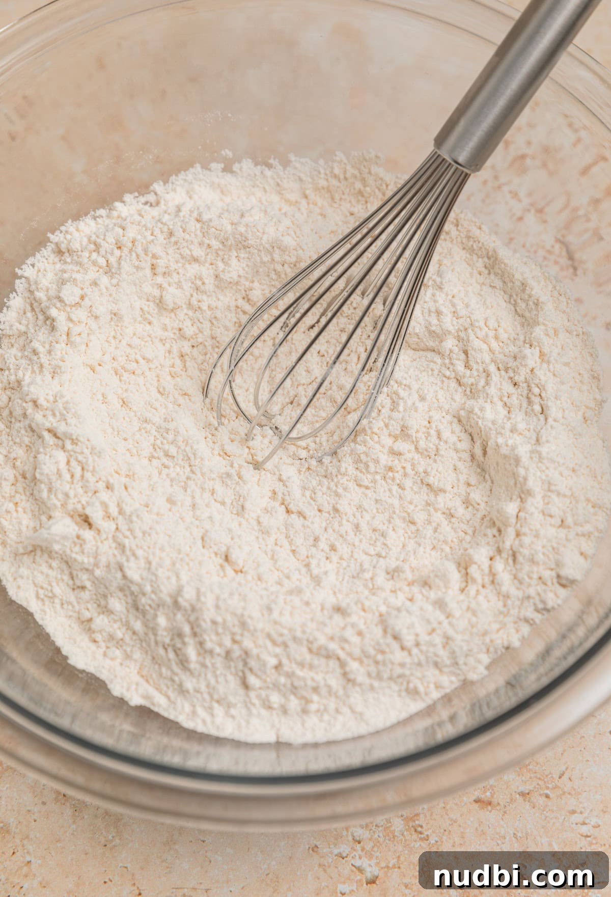 Quick No-Yeast Dinner Rolls Recipe for Soft, Fast Bread 4 Flour mixture in glass bowl with whisk propped in bowl.