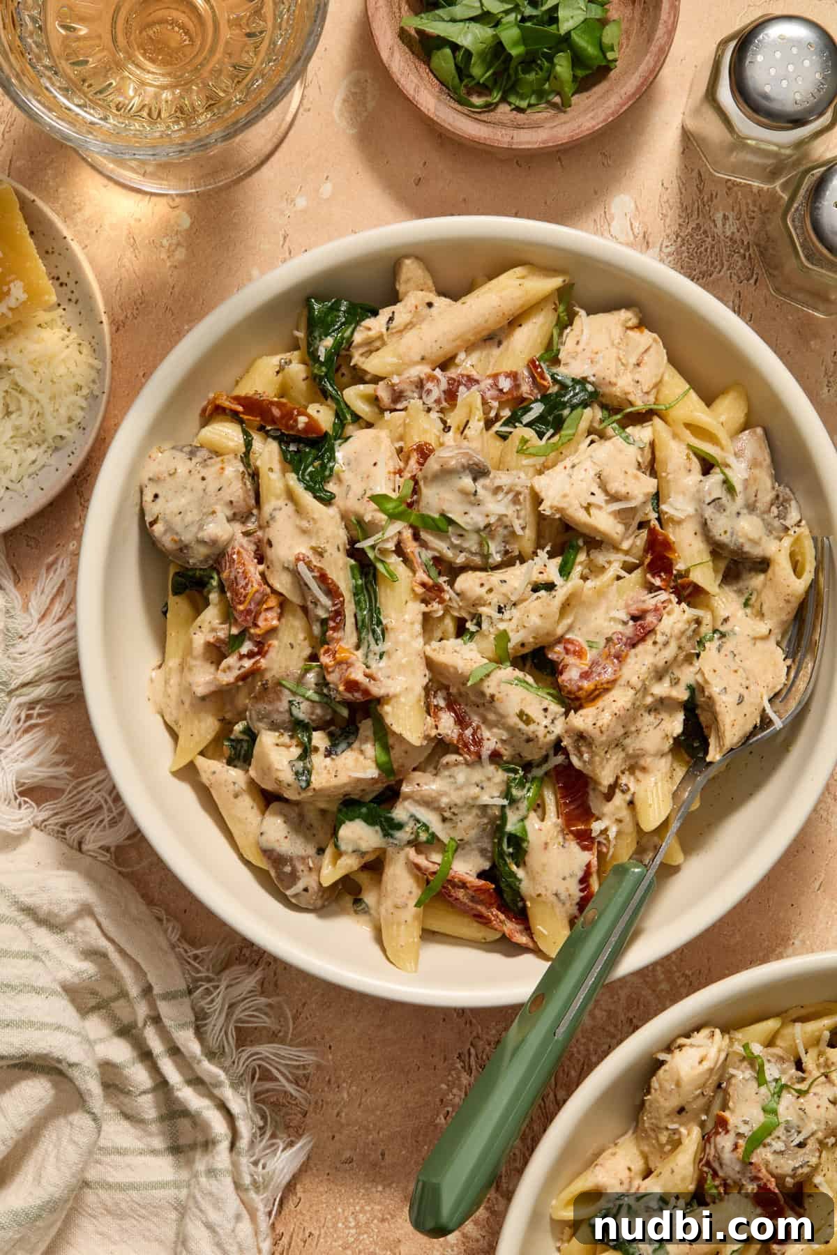 Creamy Slow Cooker Chicken Pasta Recipe 2 Creamy chicken pasta with spinach and sun-dried tomatoes with fork.
