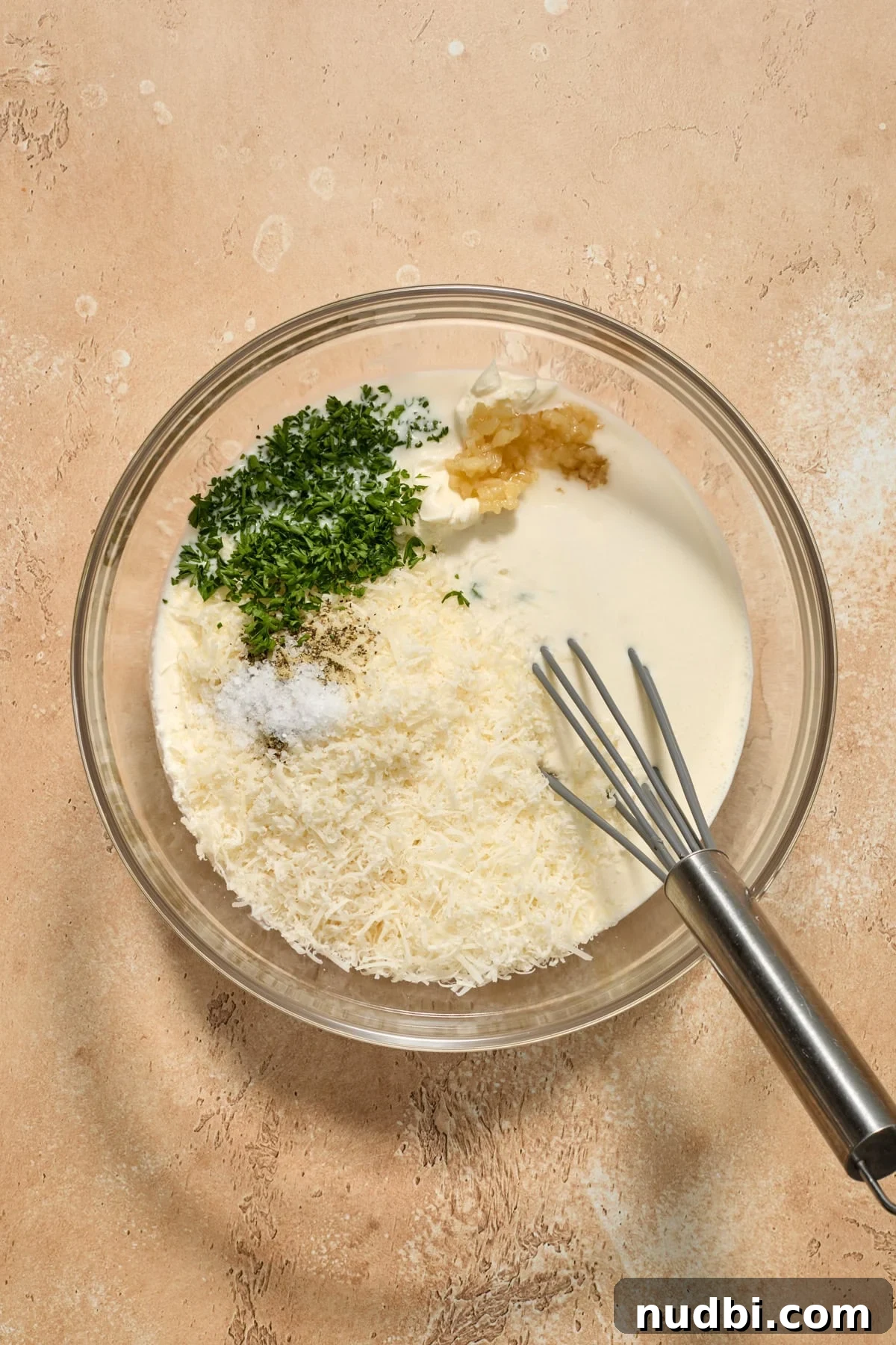 Creamy Slow Cooker Chicken Pasta Recipe 5 Cream, parmesan, parsley and garlic in bowl with whisk.
