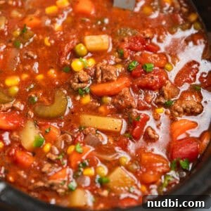 Slow Cooker Hamburger Soup Recipe for Hearty Weeknight Meals 10 Hamburger soup in slow cooker with ladle scooping into it.