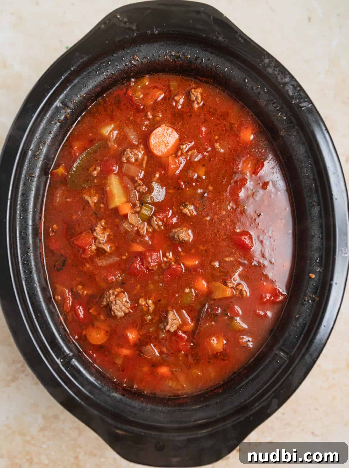 Slow Cooker Hamburger Soup Recipe for Hearty Weeknight Meals 6 Slow cooked hamburger soup before adding final ingredients.