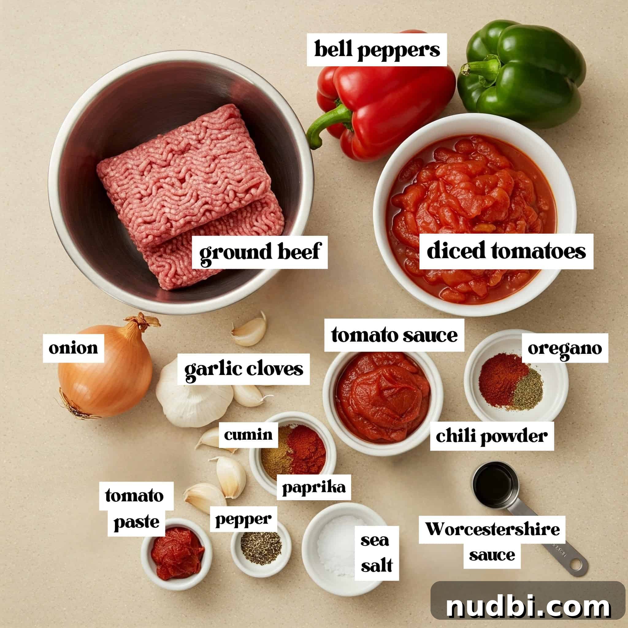Hearty No-Bean Slow Cooker Chili Recipe 3 Bowl of ground beef, red and green bell peppers, tomatoes and other labeled ingredients on surface.