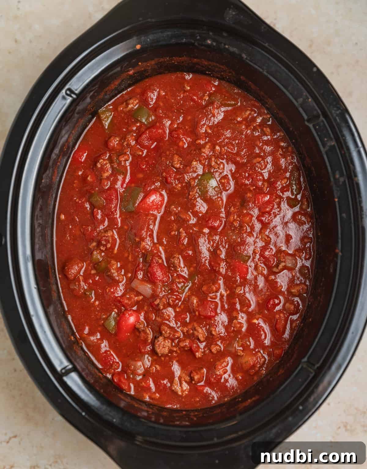 Hearty No-Bean Slow Cooker Chili Recipe 7 Cooked crock pot beef chili with no beans.