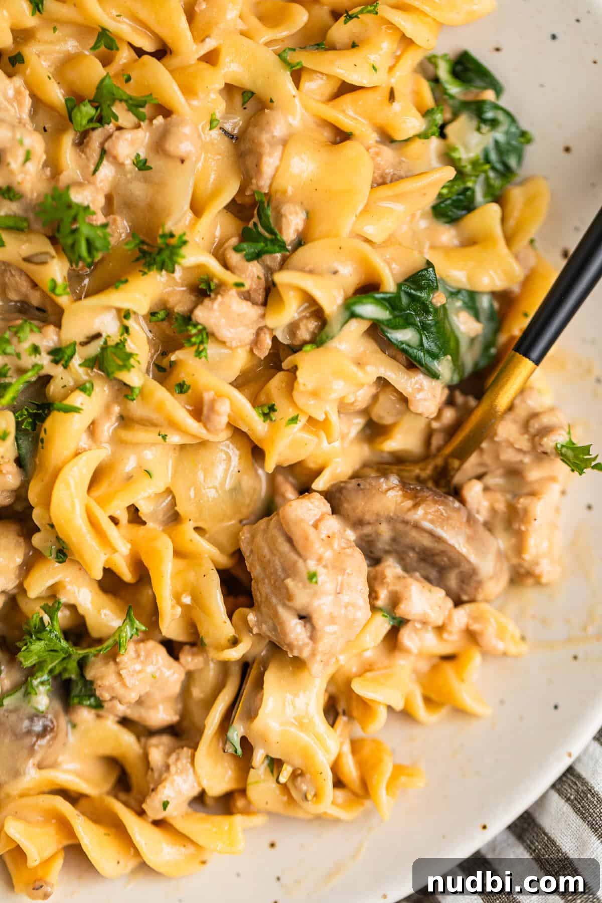 Creamy Ground Turkey Stroganoff Recipe for Weeknight Dinner 10 Plate with one pot ground turkey stroganoff served with egg noodles and fork scooping in.