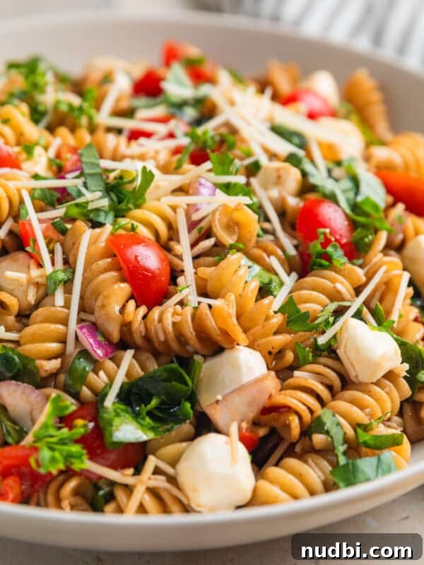 Skillet Ravioli Lasagna Recipe: Quick One-Pan Italian Dinner 13 Pasta salad made with grape tomatoes, spinach, basil, mozzarella and other ingredients in serving bowl.