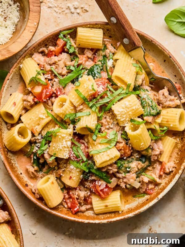 Skillet Ravioli Lasagna Recipe: Quick One-Pan Italian Dinner 15 Bowl with pasta and fork topped with basil and cheese.
