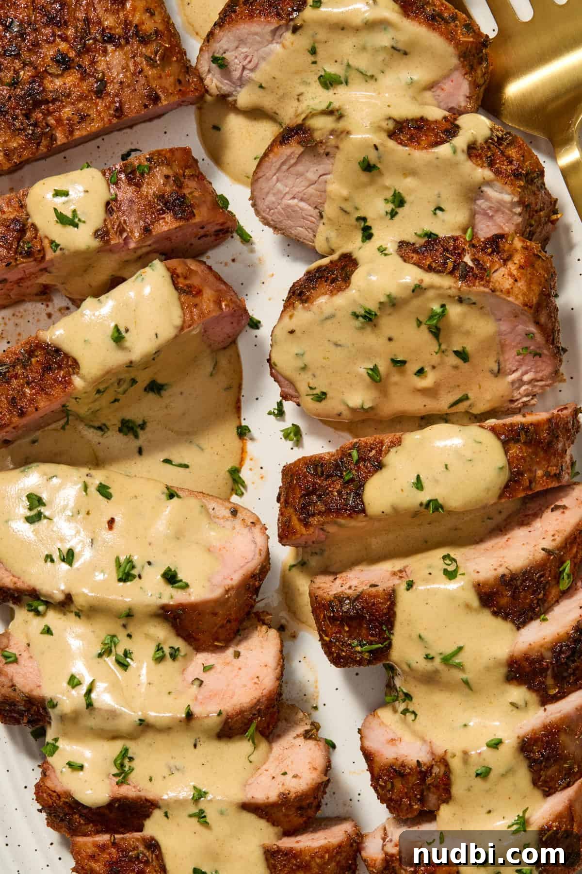 Juicy Pork Tenderloin with Creamy Mustard Sauce receta 2 Serving platter with sliced pork tenderloin topped with mustard sauce and chopped parsley.