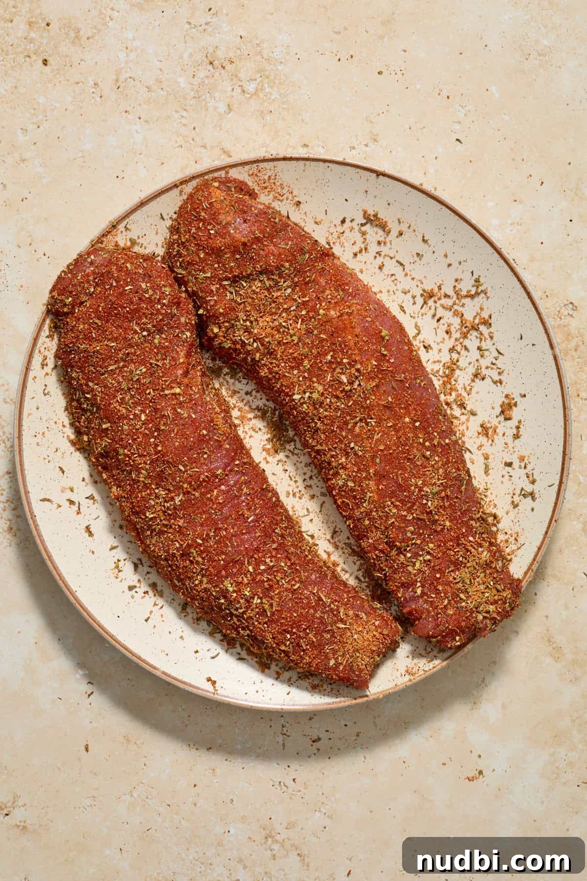 Juicy Pork Tenderloin with Creamy Mustard Sauce receta 5 Pork tenderloin on plate with spice rub covering it.