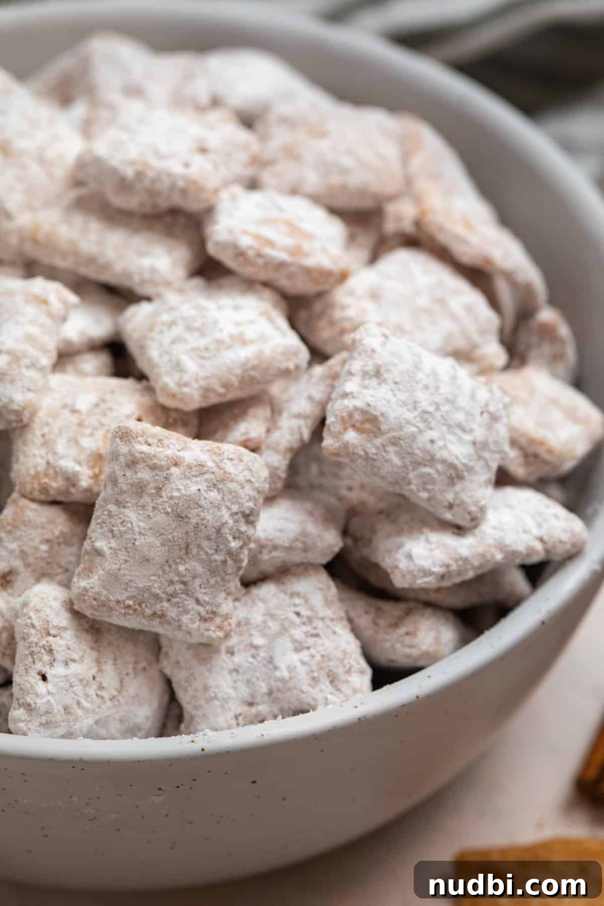 Snickerdoodle Puppy Chow Recipe — Cinnamon Sugar Snack Mix 2 Bowl of cinnamon chex mix with powdered sugar.