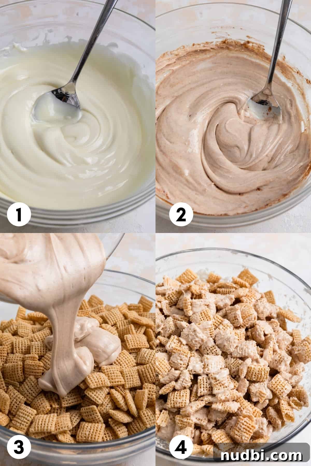 Snickerdoodle Puppy Chow Recipe — Cinnamon Sugar Snack Mix 4 White chocolate melted in a glass bowl with cinnamon stirred in and then poured over a bowl of chex cereal.