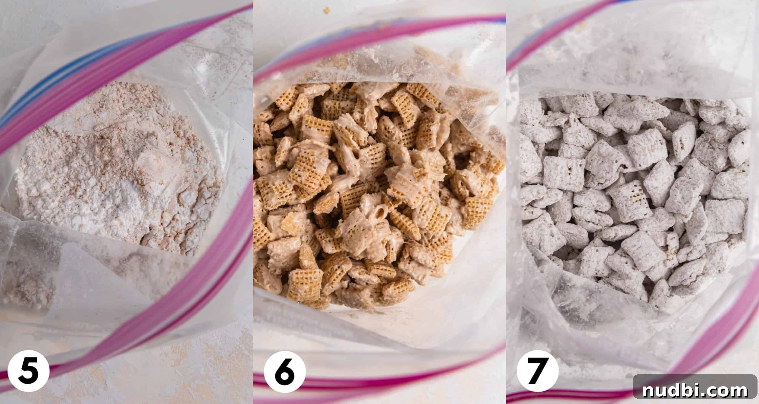 Snickerdoodle Puppy Chow Recipe — Cinnamon Sugar Snack Mix 5 Plastic bag with powdered sugar, Chex added in and then final image of mixed cereal with powdered sugar.