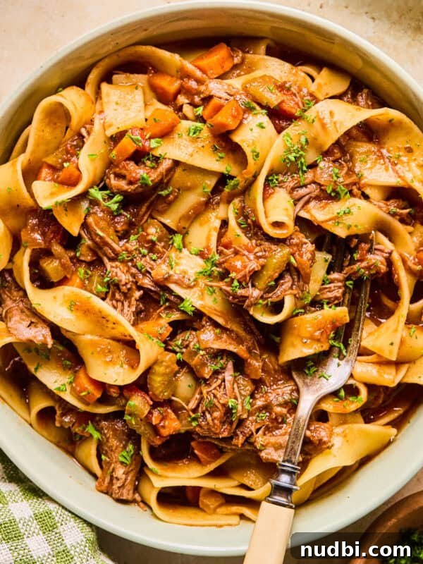 Mississippi Pot Roast in a Slow Cooker: Tender, Flavorful Recipe 11 Bowl with short rib ragu tossed with pasta and chopped fresh parsley over top.