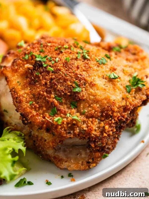 Crispy Air Fryer Salmon Bites with Lemon Garlic Dip 13 Crispy breaded air fryer parmesan chicken thigh on white plate topped with parsley.