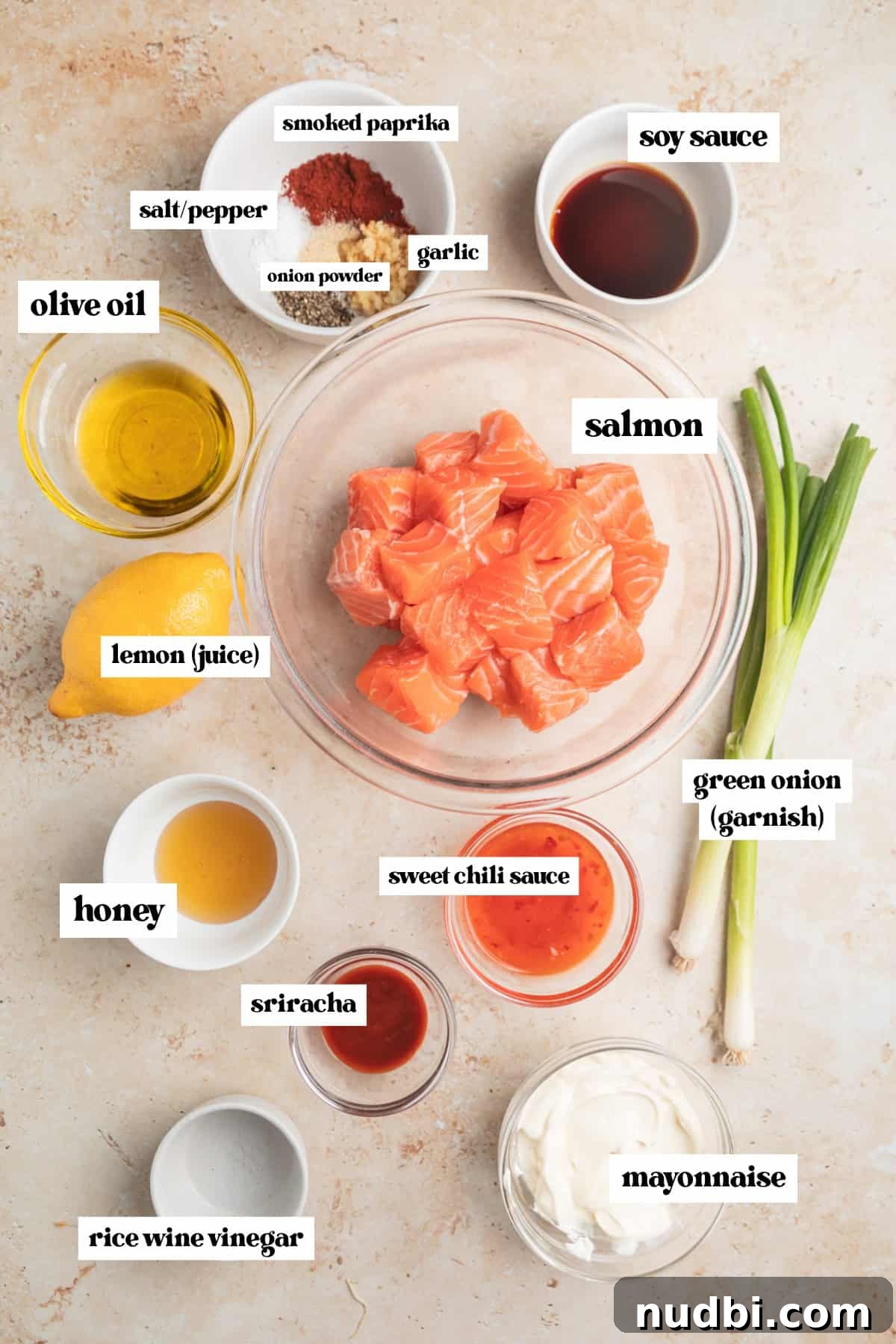 Crispy Air Fryer Salmon Bites with Lemon Garlic Dip 3 Salmon, onion, soy sauce, and other labeled ingredients needed for recipe.